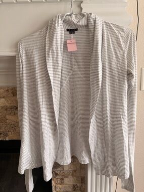 Theory Light Gray and White Striped Shawl Collar Cardigan